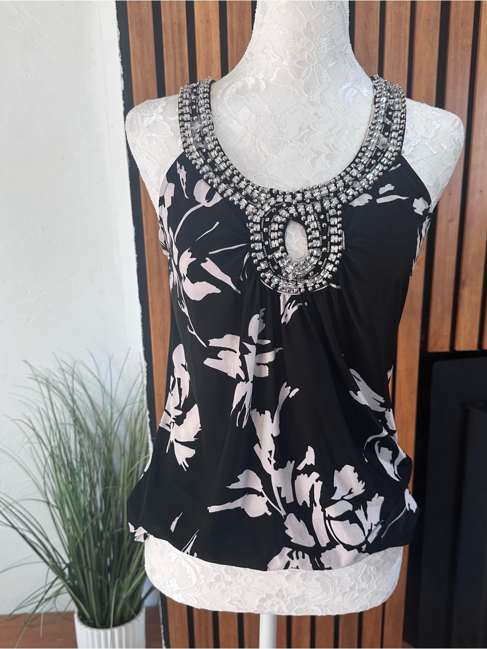 INC International Concepts Black Floral Beaded Halter Camisole